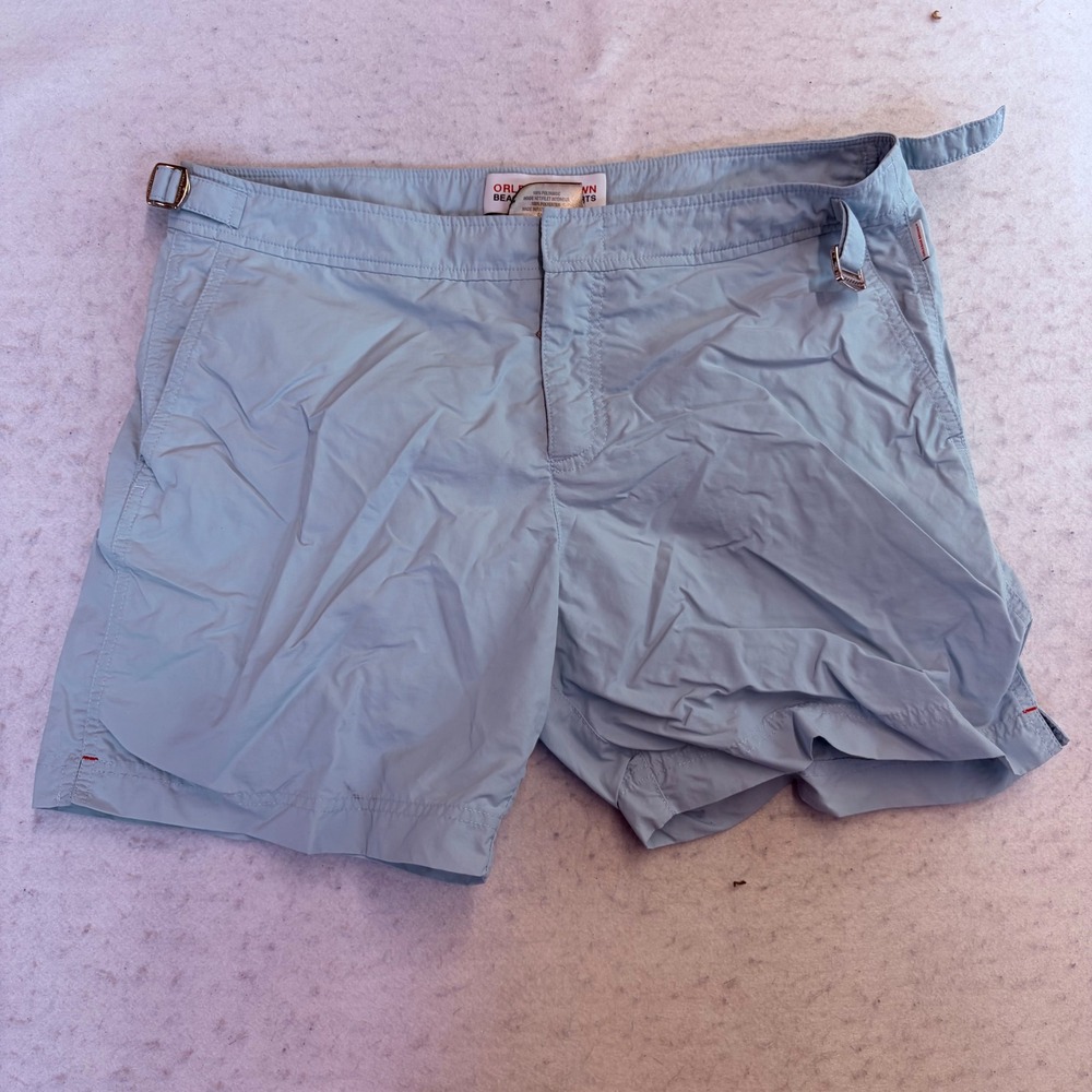 Orlebar Brown Bulldog Swim Shorts Mens 34 Light Blue Side Adjusters flaw.